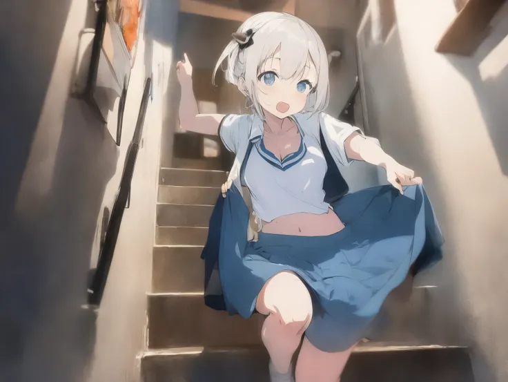  in long skirt、Steep stairs at school、Shirt clinging to no-bra 、Cute white underwear showing off a lifted skirt、Light blue color、Sweaty shirt、Cute underwear visible from under the stairs