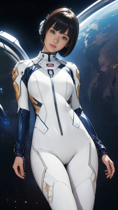 (masterpiece、best quality、Maximum resolution、Clear_image、details): (Full body picture、15 year old girl、Japanese Face、Small face、Thin、Navy Blue Super Short Bob Hairstyle、blue eyes、((Navy long sleeve space suit、Space Helmet))、earphone、Cosmic Tote Bag、Cute、ge...