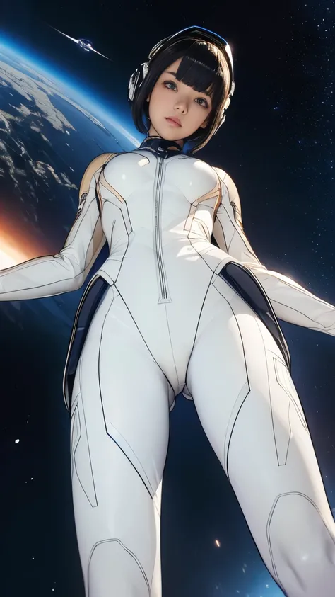 (masterpiece、best quality、Maximum resolution、Clear_image、details): (Full body picture、15 year old girl、Japanese Face、Small face、Thin、Navy Blue Super Short Bob Hairstyle、blue eyes、((Navy long sleeve space suit、Space Helmet))、earphone、Cosmic Tote Bag、Cute、ge...