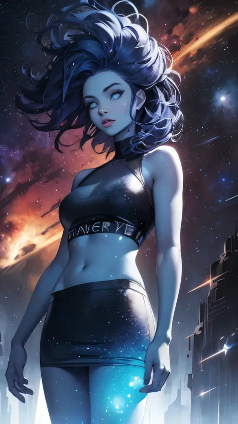 (Highly quality, masterpiece, detailed), Deep Space detailed scenario, Deep space detailed background, 20 years old girl, solo, singularity, blue skin, star skin, Colored Skin, glowing, glowing eyes, bare shoulders, long hair, Star on the girls body, black...