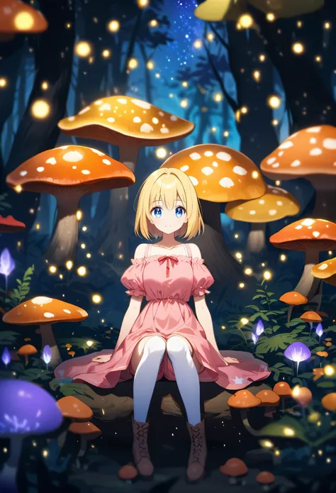 Blonde anime girl with pale blue violet eyes, wearing a pink off-the-shoulder dress with puffy sleeves and white knee-high boots, sitting in the forest next to an orange mushroom surrounded by fireflies under the starry sky.  