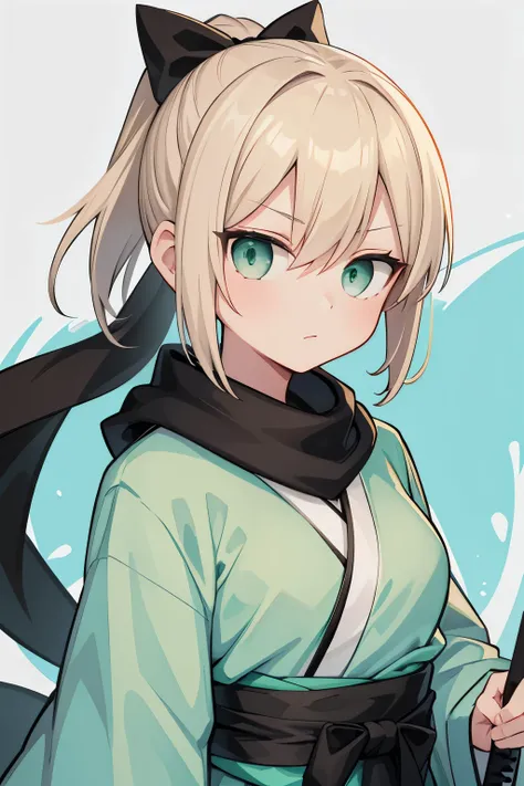 blonde short hair, black ribbon ponytail, slanted eyes, girl, right eye hidden by hair, shinsengumi, white kimono, emerald green...