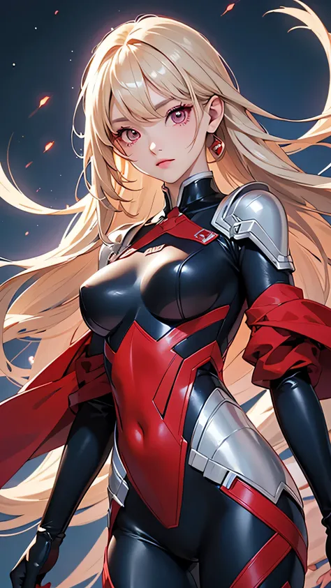 highest quality、Realistic、female、Japanese、zoom、cute、Red glowing eyes、Blonde Hair、long hair、Dark blue hero suit、Silver accents、Shiny bodysuit、blue sky、