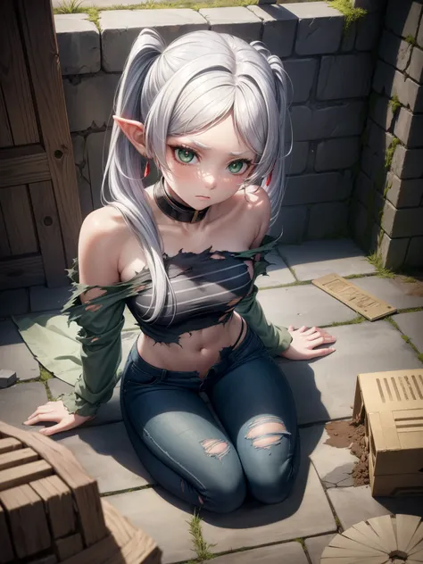 (masterpiece, best quality, detailed), 1girl, solo, looking at viewer, uni, white hair, drill hair, twin drills, twintails, bangs, hair between eyes, sidelocks, priclothes, striped clothes, crop top, indoors, dungeon, slave, prison, prison cell, stone wall...