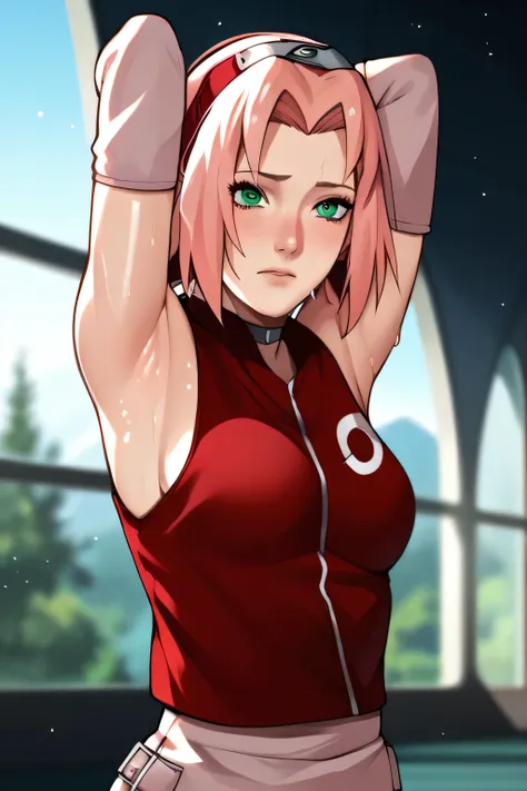 score_9,score_8_up,score_7_up,score_6_up,score_5_up,score_4_up BREAK skinny,choker,medium breasts,detached sleeves,outdoors,forest,shiny skin,bokeh,bloom,indoors,light particles,castle,space,1girl,haruno sakura,pink hair,short,hair,green eyes,forehead prot...