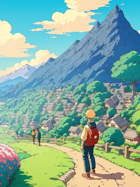 anime, studio ghibli theme, beautiful village, on the hill, style of laurie greasley, studio ghibli, akira toriyama, james gilleard, 1boy standing back of picture, trending pixiv fanbox, acrylic palette knife, 4k, vibrant colors, devinart, trending on arts...