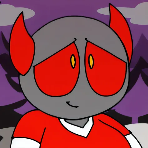 kj?, solo, smile, shirt, red eyes, 1boy, closed mouth, upper body, horns, red shirt, furry, red gloves, colored sclera, flat color, yellow sclera, huge breasts