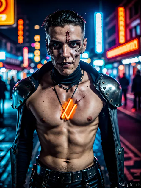 Professional photo in cyberpunk style, thigh-high photo, one man, metal skull, scar on face, metal torso, metal arms, old rusty armor, night city, neon lights, eye contact, looking at viewer, masterpiece, best quality, perfect  detail, perfect face detail,...