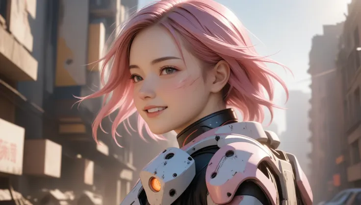 A girl in a mech suit, half-body shot, in a damaged city with ample sunlight. Flames engulf the surroundings, revealing the scratches and scars of war. The girl bears the marks of battle, with visible wounds and injuries. The atmosphere is tense, reflectin...