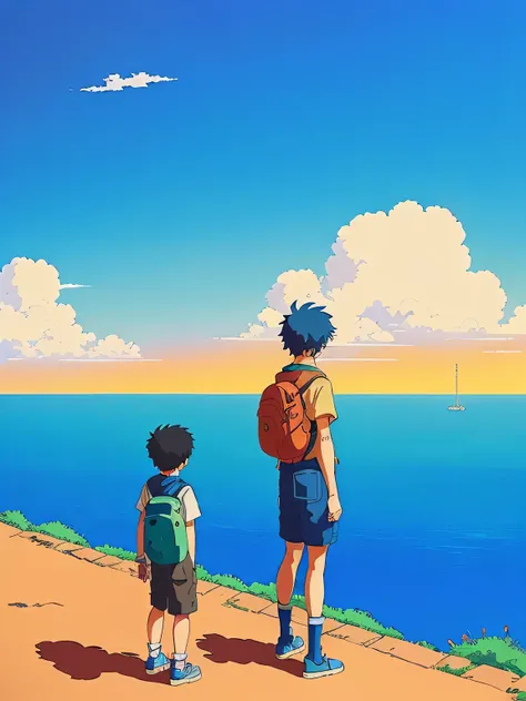 anime, studio ghibli theme, beautiful blue sky, style of laurie greasley, studio ghibli, akira toriyama, james gilleard, 1boy standing back of picture, trending pixiv fanbox, acrylic palette knife, 4k, vibrant colors, devinart, trending on artstation