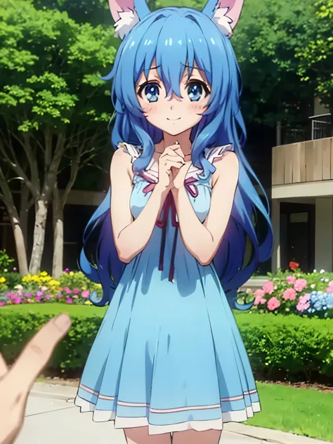 Yoshino Astral Dress、Long Hair、blue eyes、ribbon、Animal Ears、Hair between the eyes、Blue Hair,(Perfect hands),(Perfect Anatomy),(masterpiece),(highest quality),garden,Embarrassed,blush,smile,looking at the camera