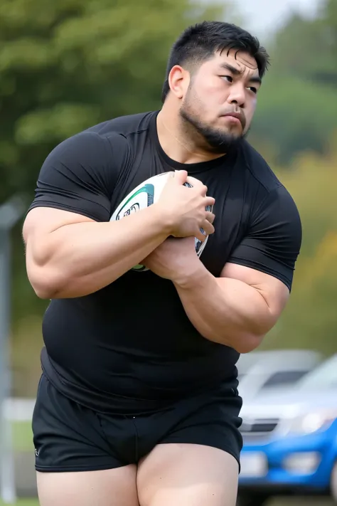 A large Japanese man wearing a tight black T-shirt、whole body、Rugby last week、Thick legs、Thick arm muscles、Intimidating、