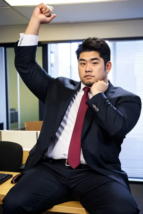 A large Japanese man wearing a suit、whole body、office、Thick legs、Thick arm muscles、Intimidating、Short Hair、Detailed face