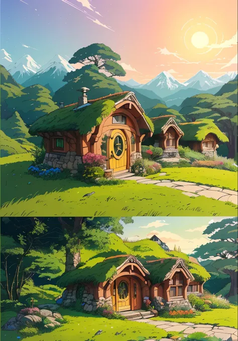 Realistic, real life, beautiful hobbit house on the hill, style of laurie greasley, studio ghibli, akira toriyama, james gilleard, genshin impact, trending pixiv fanbox, acrylic palette knife, 4k, vibrant colors, devinart, trending on artstation