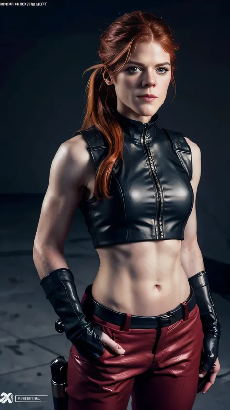 ((Rose Leslie)) as Kira from Mortal Kombat, green eyes, red hair, green eyes, twintail, black vest, cropped jacket, gloves, pants, looking at viewer, serious, smirk, (long shot), (full body render), (full body view), fine detail, hyper realistic, HD, 4K, d...