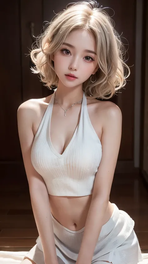 1 girl, solo, cute, looking at viewer, beautiful body, blush, (silver blonde short curly wavy hair), medium breast, (white halter top), (white layered miniskirt), very life-like eyes, beautiful environment, highly detailed, masterpiece, best quality, highe...