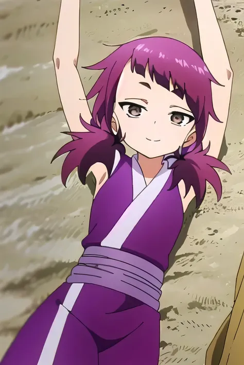 kunoichi_shakuyaku, brown eyes, purple hair, low twintails, purple kimono, closed mouth, solo, (cowboy shot:1.5), lying, on back, arms up, spread arms, on sand, looking at viewer, best quality, smile,