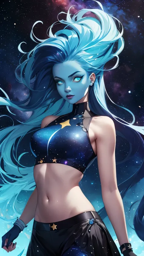 (Highly quality, masterpiece, detailed), Deep Space detailed scenario, Deep space detailed background, 20 years old girl, solo, singularity, dark blue skin, celestial skin, Colored Skin, glowing blue, glowing eyes, bare shoulders, long hair, Star on the gi...