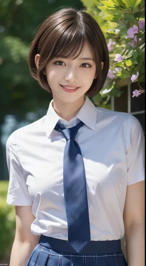 masterpiece, highest quality, masterpiece, highest quality, Official Art ,Highly detailed CG Unity 8k wallpaper,  (short hair、huge 、Japanese 、Collared shirt、tie、Mature、Short pleated skirt),  (muscle:1.2), Vaginal, One Girl，smile，Random sexy poses，