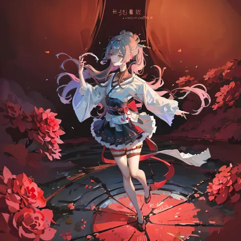 wearing a red and black dress、anime girl with red flowers in her hair, artwork in the style of guweiz, guweiz, chinese girl, pop...