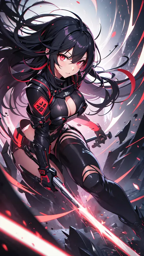 最high quality、Best image quality、masterpiece、girl((Age 25、 By becoming、Best Bust、Medium Bust,Wide open breast tea、Red glowing eyes,Black hear、Red Mesh、Disheveled Hair、Lointail、thin,The highest valley、Open chest、Luminous Wristbands、hair ornaments、Show the w...