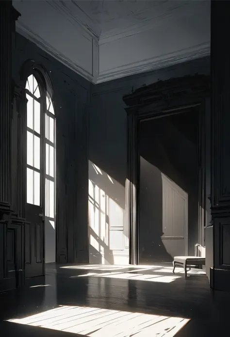 In an open room, there is an open window through which sunlight shines in, casting black shadows on the ground. There is a pure white chair in one corner of the room, which contrasts sharply with the dark tones around it. On the other side of the room, the...