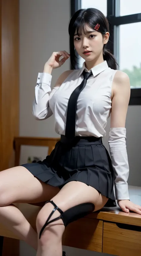 Highest quality、Ultra-high resolution、Professional Lighting、Detailed Background、In the classroom、full body,Kobeni-chan、A sloppy smile、25-year-old woman、beautiful girl、(Kobeni-chan、Jet black hair, Black Hair, bangs, One-sided hair,)、(Red Hair Clip:1.1)、(Whi...