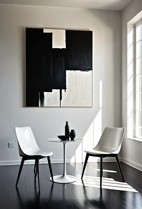 In an open room, there is an open window through which sunlight shines in, casting black shadows on the ground. There is a pure white chair in one corner of the room, which contrasts sharply with the dark tones around it. On the other side of the room, the...