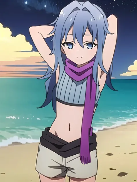 kunoichi_hagi, blue eyes, blue hair, long hair, crop top, sleeveless, purple scarf, shorts, closed mouth, solo, (cowboy shot:1.5), night sky, beach, arms behind head, contrapposto, spread armpits, looking at viewer, best quality, smile