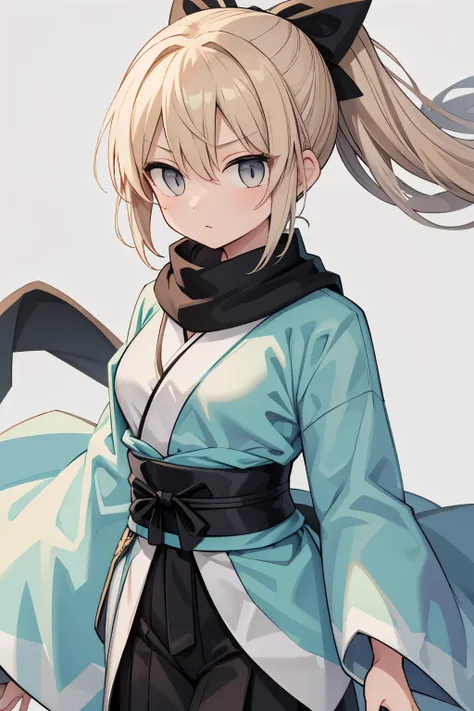 short blonde hair, golden eyes, black ribbon ponytail, slanted eyes, white kimono for girls, shinsengumi, gray hakama, black sca...