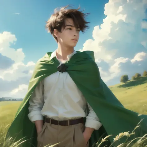 a boy in a green cape standing in a field of grass, realistic