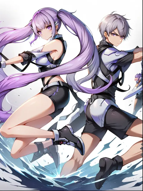 1girl，1boy，Back to Back，Fight alongside，Purple Hair，Purple Eyes，Very long hair，Gray hair，Double ponytails，White Mech SuitBREAK Black Mech Shorts, panoramic，whole body，The figure is in the center，1yj1