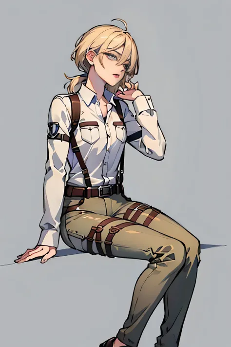 Ah Style, shingeki no kyojin,, , Krista Lentz,, One girl, belt, belt buckle, Blonde Hair, blue eyes, Brown footwear, brown pants, buckle, chest belt, collared shirt, diamond (shape), Floating Hair, From the side, whole body, Gray background, Hair between t...