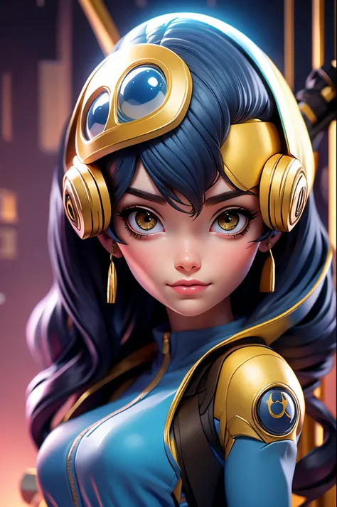 Close-up of beautiful girl with gold and blue mask, Portrait of the Cyborg Queen, Sci-Fi Face Interesting, Woman&#39;s face, cybernetic machine, Beautiful cyberpunk girl face, Portrait of a female man, (Realistic face details), intricate detailed, very hig...