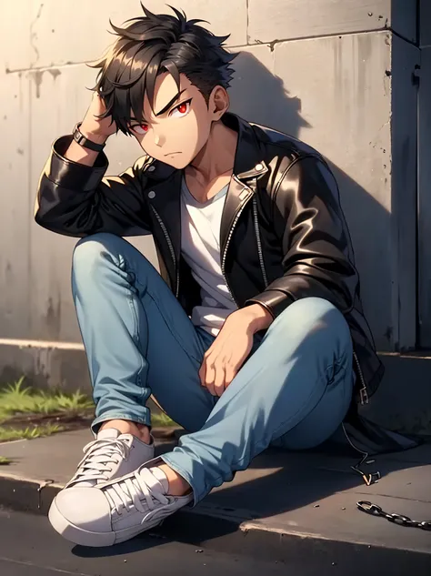 1 boy,Bad mood,sharp eyes,red eyes,Black leather jacket,jeans,sneakers,Chains,silver accessories,sitting,Concrete wall,(detailed eyes),detailed skin,(masterpiece,best quality:1.4),Top Quality,High quality,Ultra detailed,insanely detailed,anime style