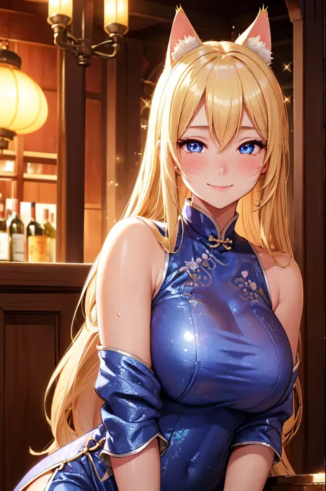 (high quality, high resolution, fine details), medieval bar, chinese dress, solo, curvy adult women, blond hair, sparkling eyes,...