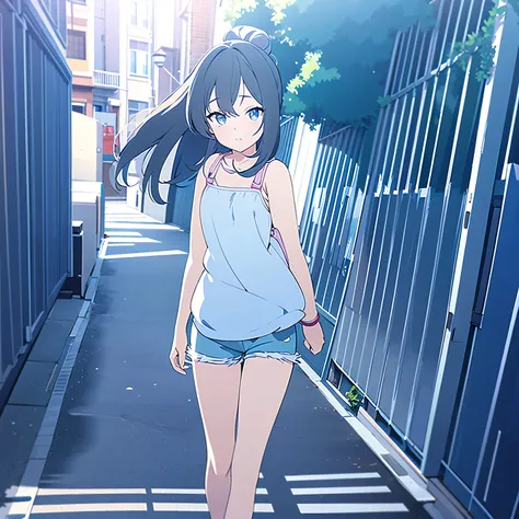 anime girl in white shirt and blue shorts walking down the street, anime moe artstyle, anime visual of a cute girl, official art, official artwork, smooth anime cg art, attractive anime girl, anime style portrait, (anime girl), anime best girl, high qualit...