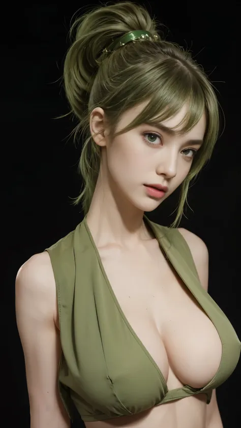 8K, Top Quality, Intricate Details, Ultra Detail, Ultra High Resolution, Masterpiece, close up shot, (full body: 1.1), Slender, Smile, (Makeup: 0.4), (Fluffy  Eyes: 1.21), (()), 1girl, solo, 1 girl, ((green hair, bangs, long hair, high ponytail)), close up...