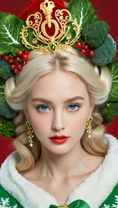 Beautiful portrait of queen, Blonde Hair, Perfect blue eyes, brilliant, impossible striking big Christmas headpiece, Clothes Santa Claus Robe, Everything Christmas, snow, Symmetrical, Drama Studio Lighting, Rococo, Baroque, Green vegetables, Asian, Surreal...