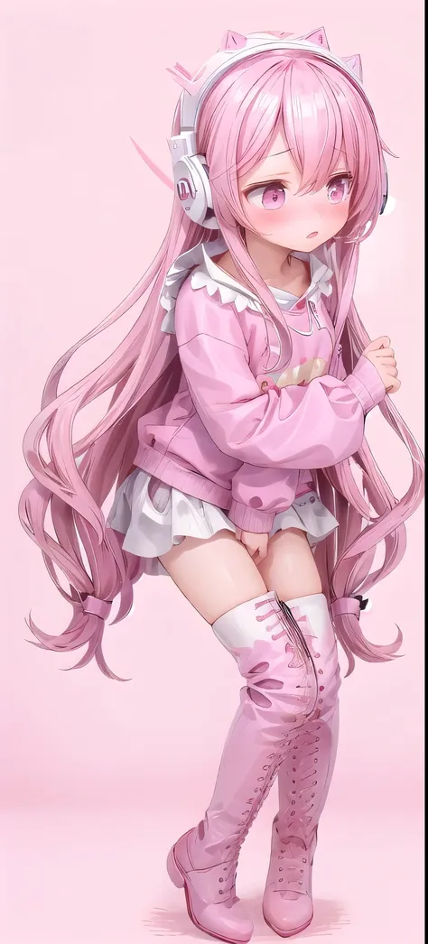 pink long hair，pink and white sweatshirt，pink eyes，black headphones，white boots，blushing shy，leg clamping，