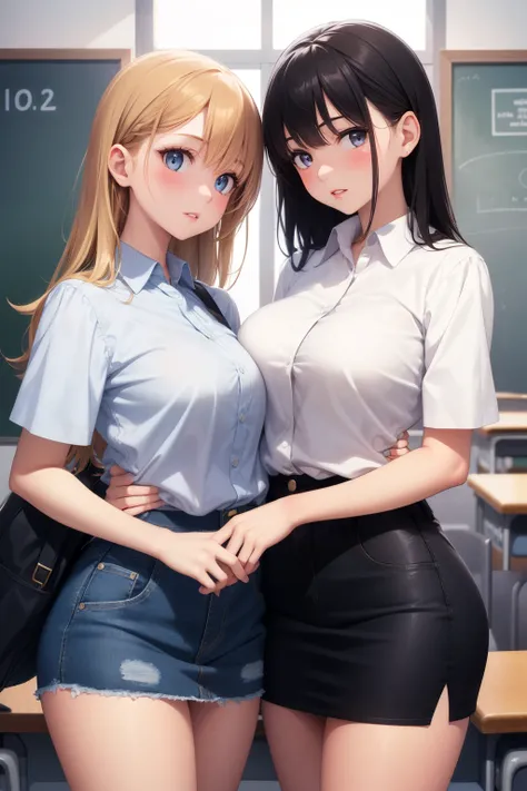 2girls, (multiple girls), natural lighting, masterpiece, highly detailed, illustration, game CG, absurdres, high quality, aichan, large breasts, beautiful detailed eyes, detailed hair, glossy lips, blush, (school), looking at each other, (18 year old weari...