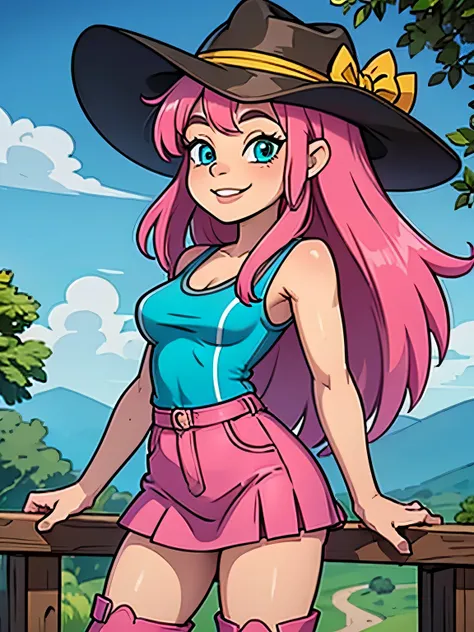 1 girl, solo,  female, ellie,  ellie martin, cyan eyes, pink hair, long hair, pink hair with yellow hair tie, cowboy outfit, smiling, mini skirt, cowboy boots, cowboy hat, detailed cowboy hat,  