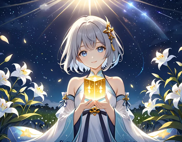 1girl, guizhong_(genshin_impact),light grey hair,short_hair_with_long_locks,starry_sky_print,detached_sleeves, long sleeves that drape over hands past fingers,hands cupped beneath a floating brightly glowing gold cube,hanfu,illustrated by matsuryuu and aga...