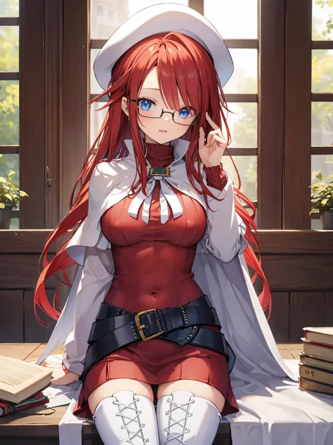 pov,(nsfw:1.2),summonnightaty, aty, (young:1.3),long hair, blue eyes, red hair, large_beret, hat, glasses,
BREAK long hair, thighhighs, hat, dress, boots, glasses, belt, cape, sweater, zettai ryouiki, beret, thigh boots, white footwear, ribbed sweater, loo...