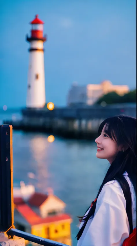 cinematic film still, 1girl, solo, little smile, beach,(sunset:1.1), akagi_rin(denchi-project), solo, star hair ornament, twin braids,sparkle, from behind, looking back, huge sunset,red floating, uniform, night, waving, sea, 1 lighthouse, . shallow depth o...