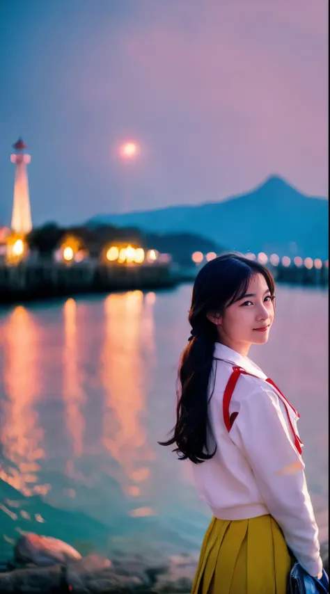 cinematic film still, 1girl, solo, little smile, beach,(sunset:1.1), rio_kitagawa(gravure idol), solo, star hair ornament, twin ...