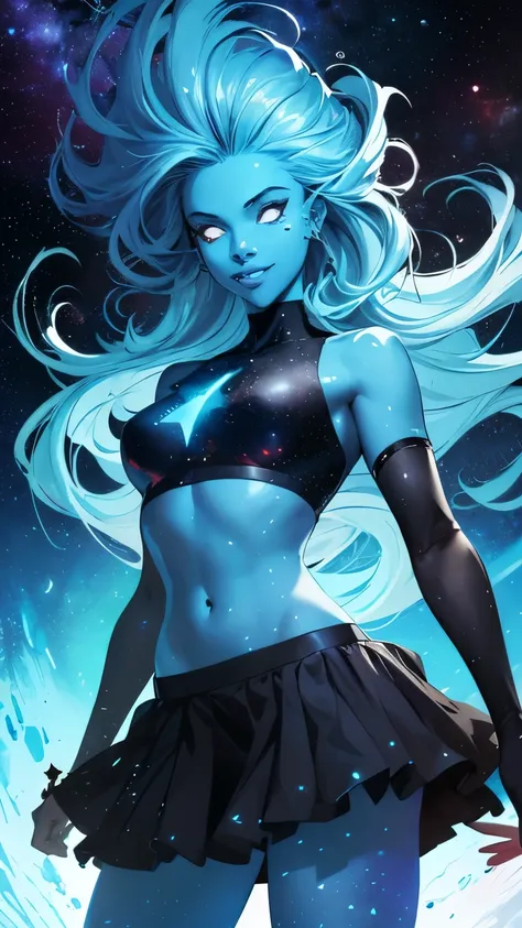 (Highly quality, masterpiece, detailed), Deep Space detailed scenario, Deep space detailed background, 20 years old girl, solo, smile, singularity, dark blue skin, celestial skin, Colored Skin, glowing blue, glowing eyes, bare shoulders, long hair, Star on...