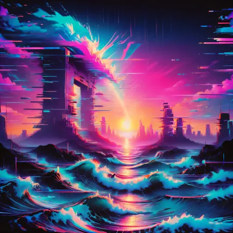 vaporwave art, vaporwave aesthetic, by cyril rolando, neon, ral-glydch, vhs glitch, panoramic, ultra high saturation, (best qual...