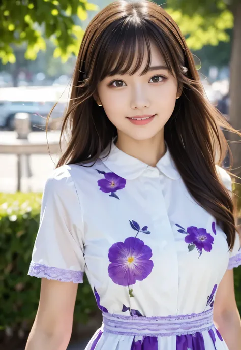 (masterpiece, best quality:1.1), (8k, raw photo, photo realistic:1.2, f22), (shiny skin), detailed skin,long hair,ribbon,detailed face, detailed eyes,smile,BREAK, real world, intricate details, smil, BREAK, 1girl, full body,(short sleeve,dress,purple,flowe...