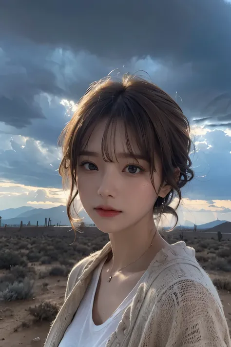 Ultra-high resolution、(Real:1.4)、One beautiful woman、Beautifully detailed eyes and skin、Light brown short hair、shirt、Rain in the desert、Gloomy sky、Rain Clouds、thunderstorm、Valley、Rocky Mountain、Giant rocks、Strong winds、Dramatic composition、